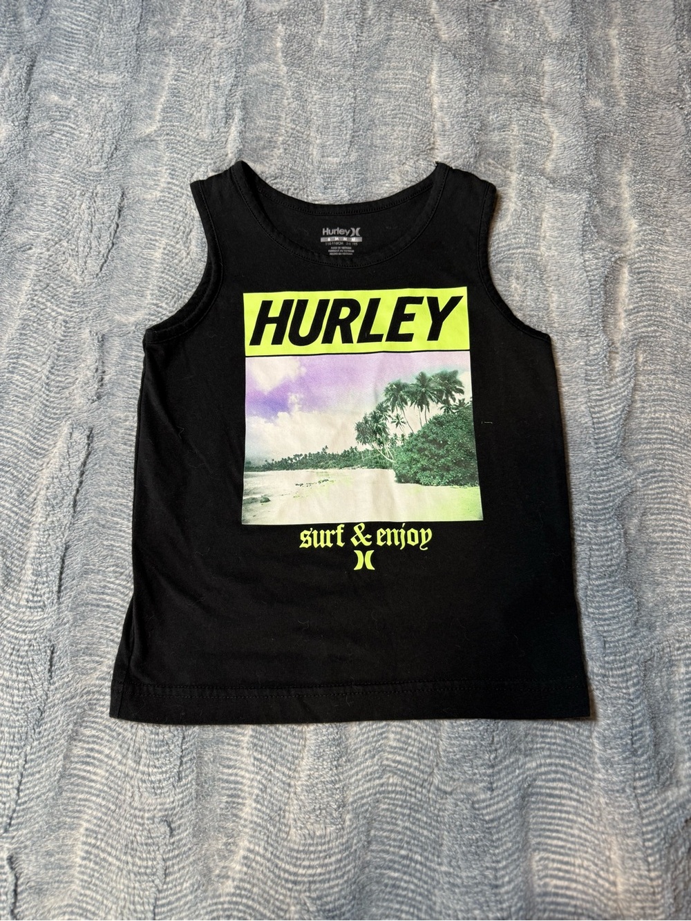Hurley Black Kids Tank Top with Neon Yellow Logo and Tropical Print 5Y-6Y